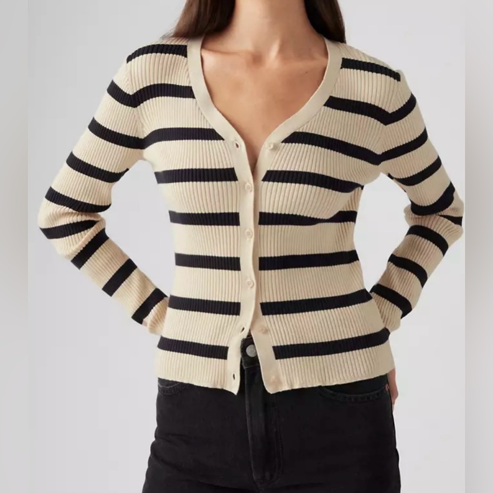 Levi’s Cream black striped Levi's cardigan ribbed knit long sleeve Small New